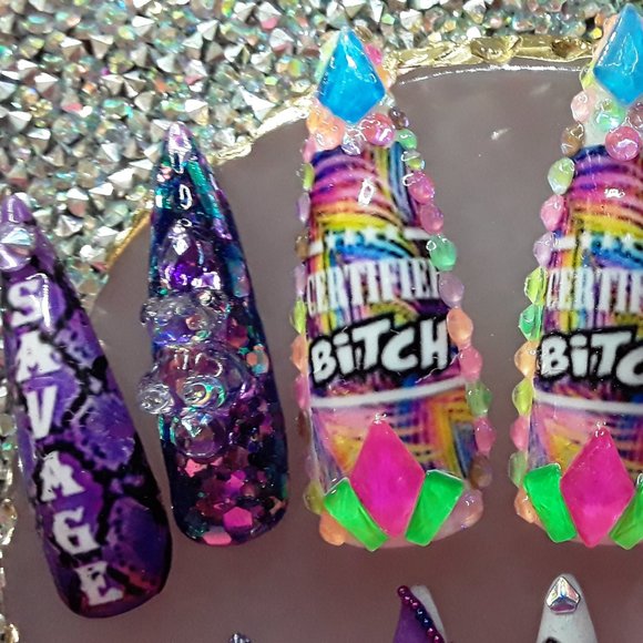 *LIVIN THAT SAVAGE LIFE* Handmade Hard Gel XXL Stiletto Press On Nails - Picture 3 of 12